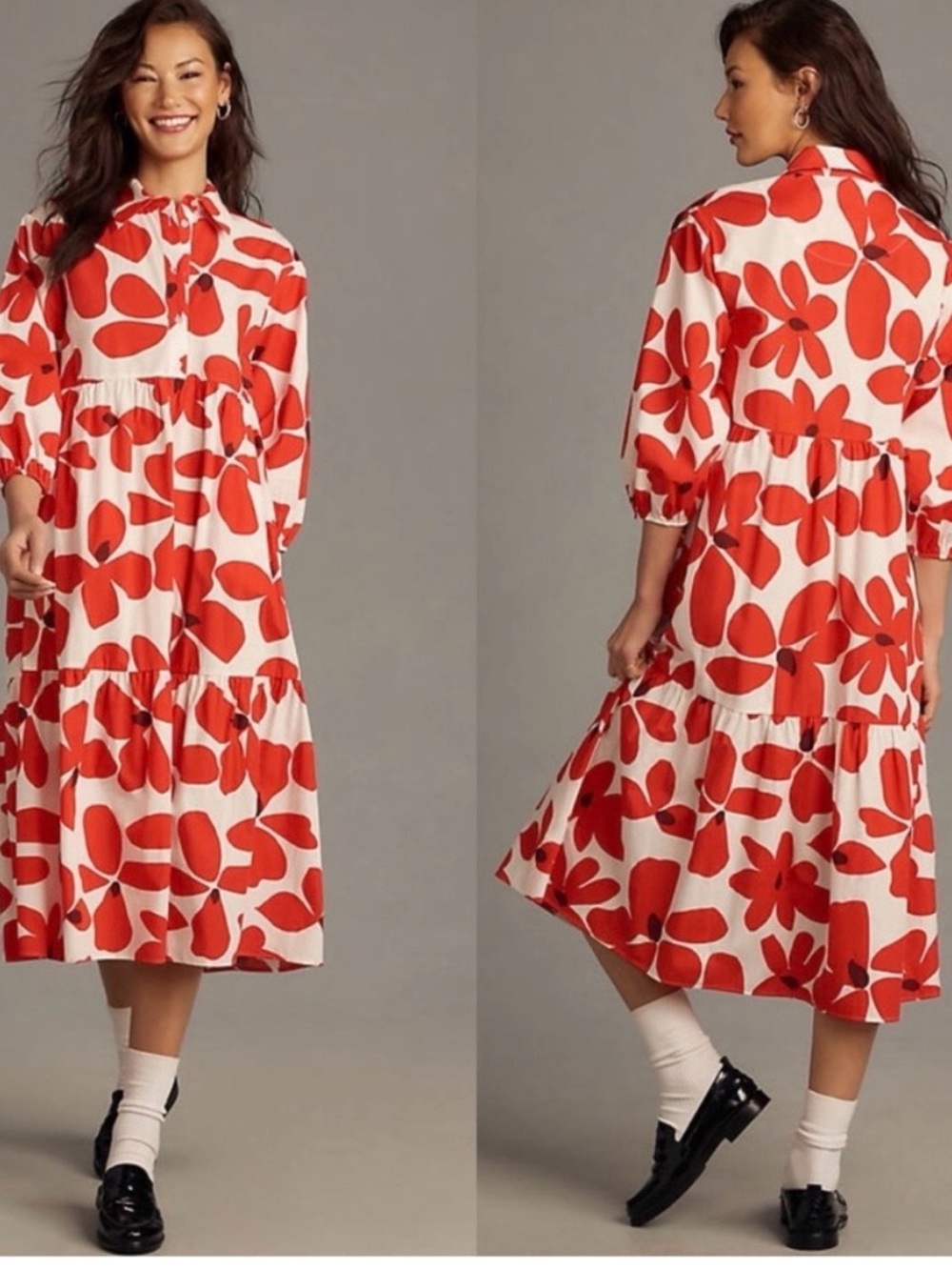 Maeve by Anthropologie Bettina Red Floral Tiered Midi Dress – Medium Petite